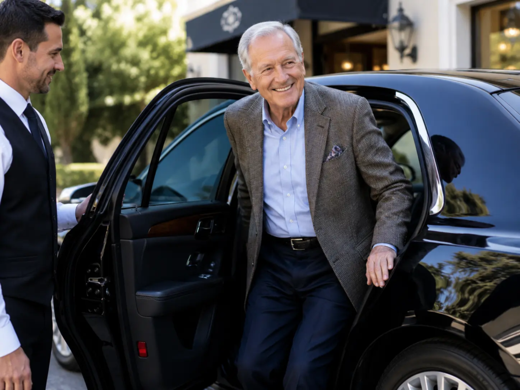Happy senior passenger exiting a private transportation vehicle