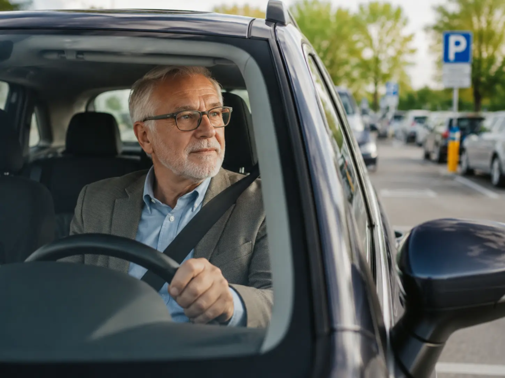 Senior driver looking for parking