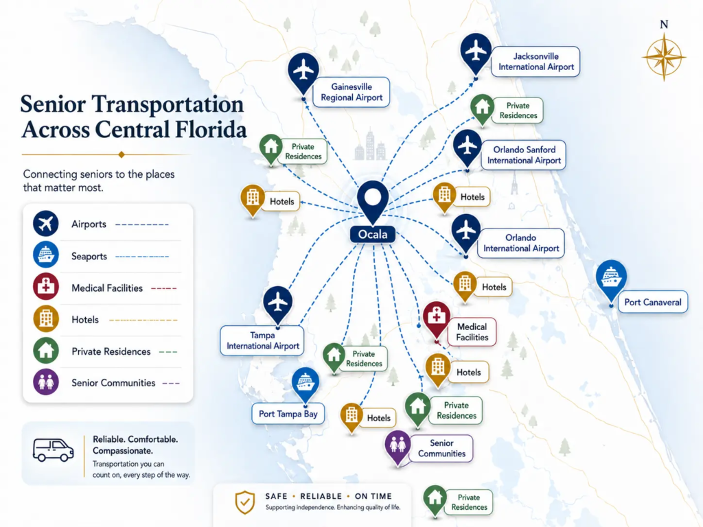 Senior private transportation destinations from Ocala across Central Florida